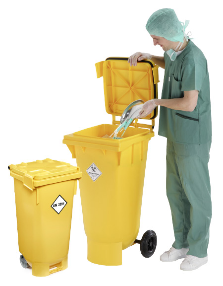 Medizinisches Personal befüllt UN 3291-zugelassene ClinicBOXX® Sammelbehälter für medizinische Abfälle und Krankenhausabfall